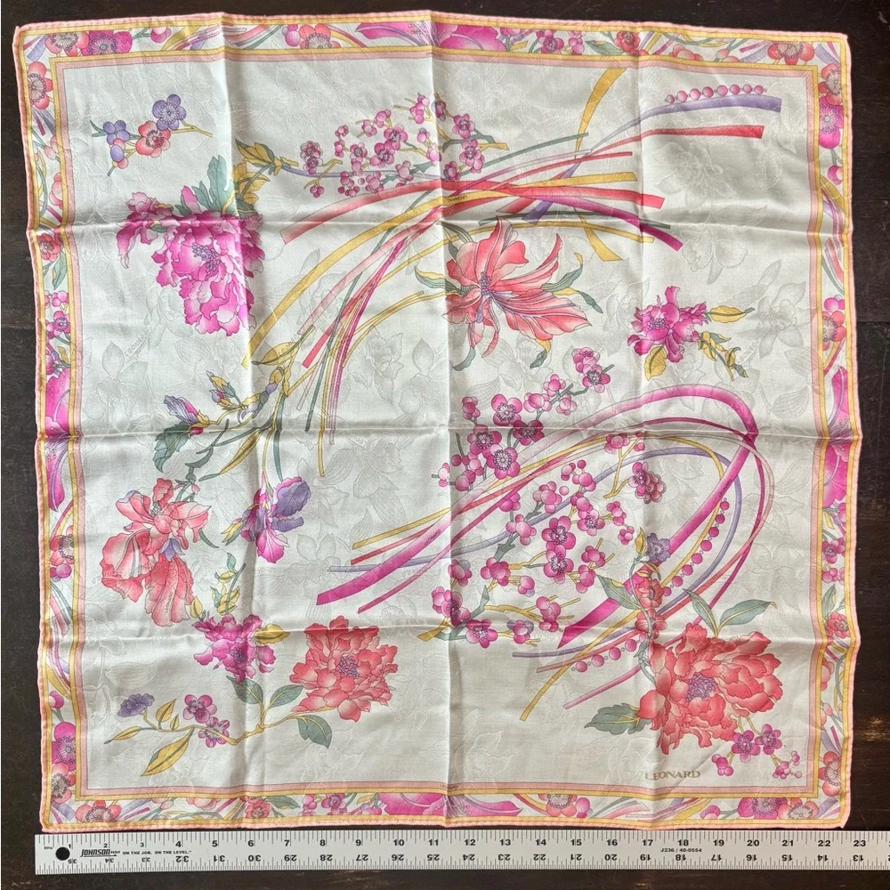 vintage Leonard Paris scarf with Pink and Gold Accents-with callouts